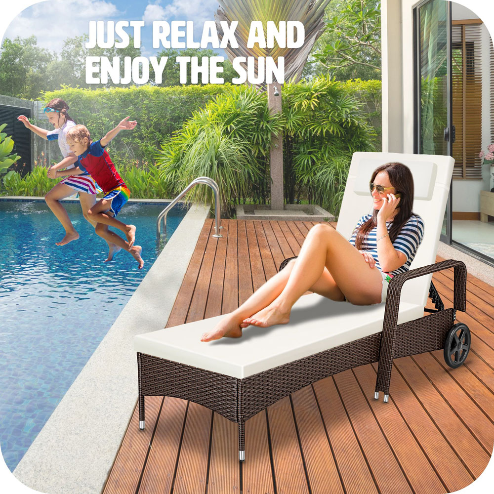 tectake Cassis Mixed Brown 6 Level Adjustable Sun Lounger with Removable Headrest and Wheels Image 7