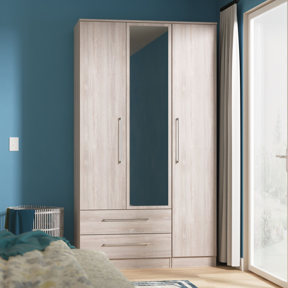 Crowndale Worcester 3 Door 2 Drawer Grey Oak Tall Mirror Wardrobe Ready Assembled Image 9