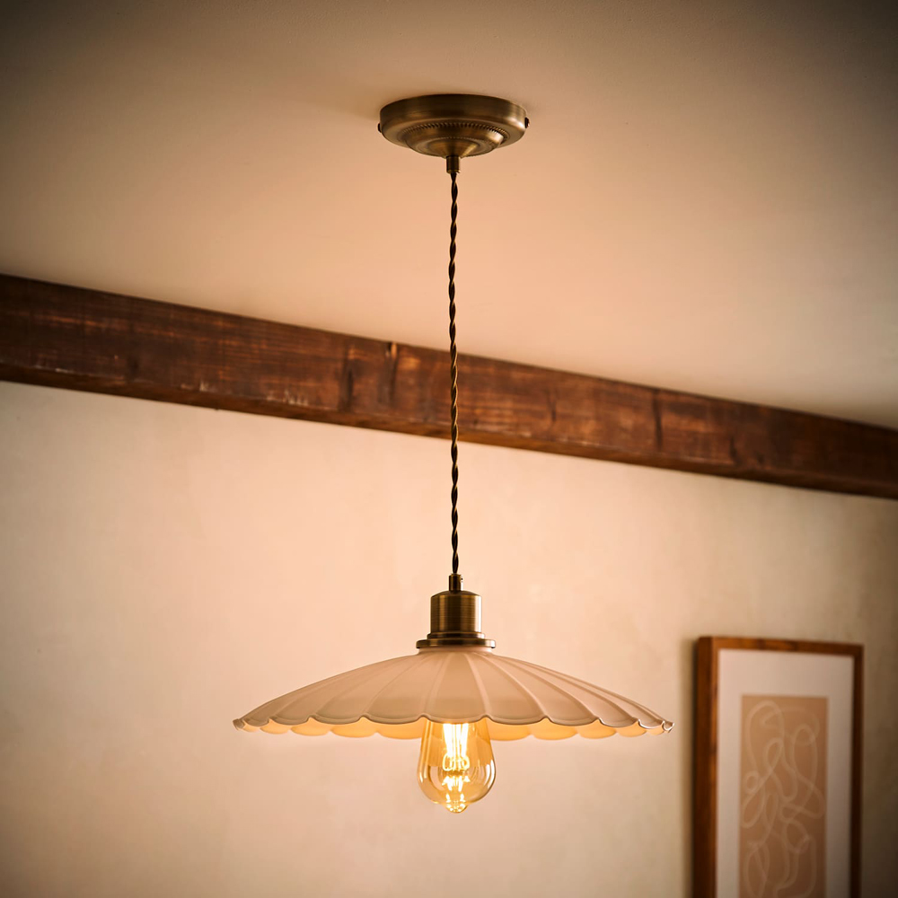 ValueLights Holborn Cream Scallop Metal Shade Brushed Gold Pendant Light with Bulb Image 6