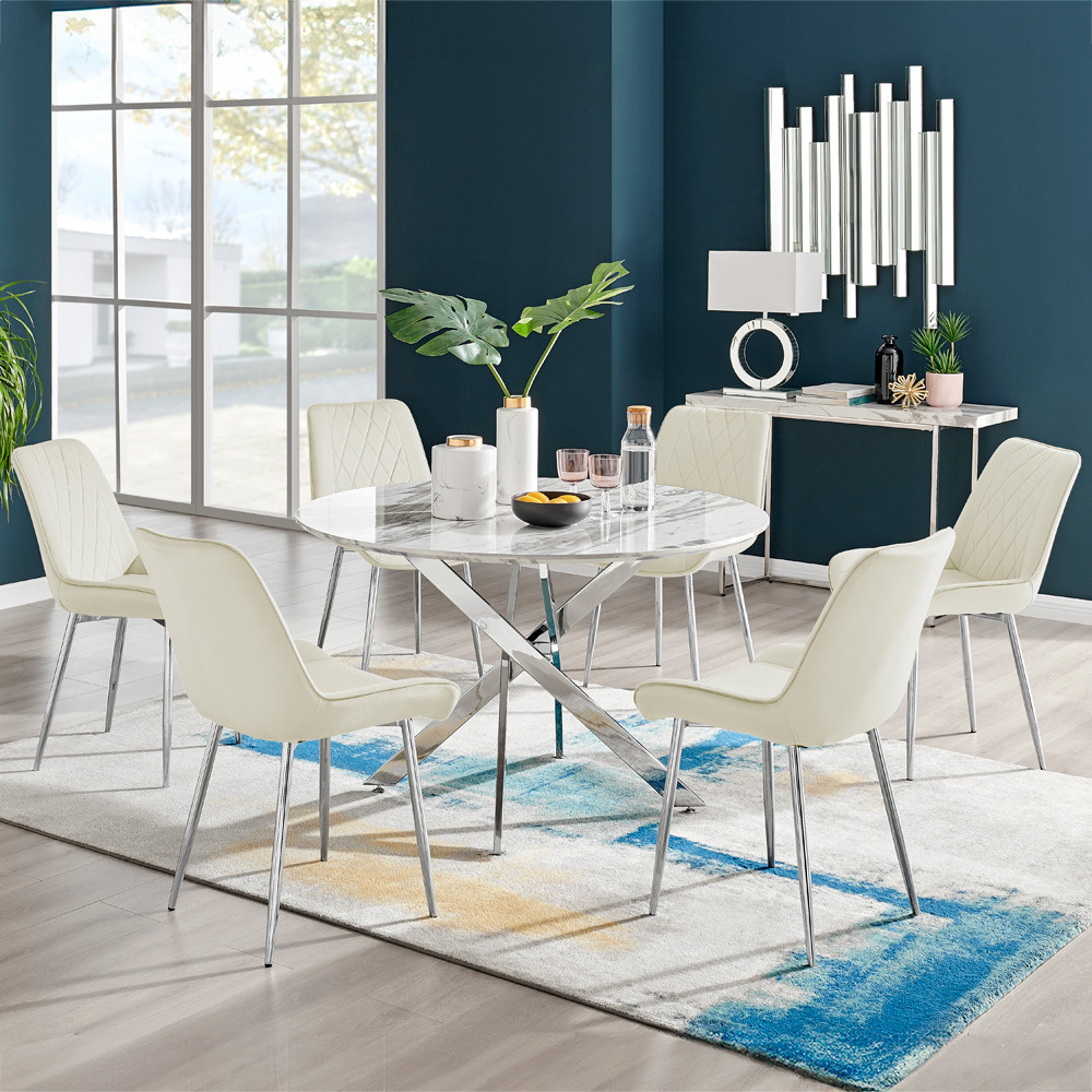 Furniturebox Arona Cesano Marble Effect 6 Seater Dining Set White Chrome and Cream Image 1