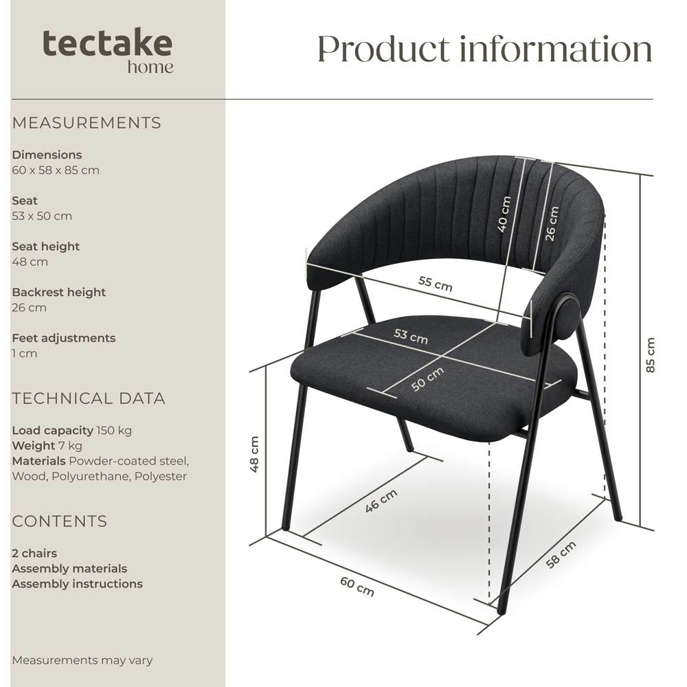 tectake Bedano Set of 2 Black Dining Chair Image 9