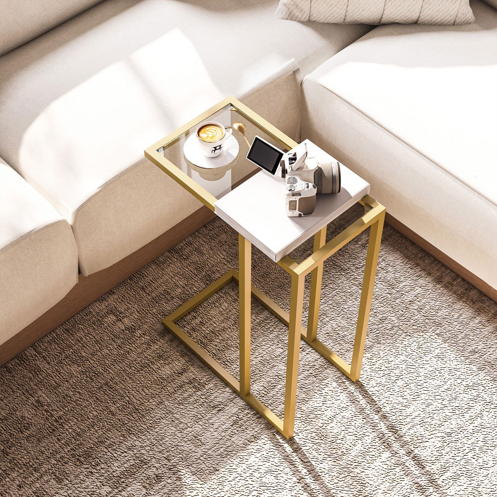 HOMCOM Gold C Shaped Tempered Glass Tabletop Bedside Table Image 4