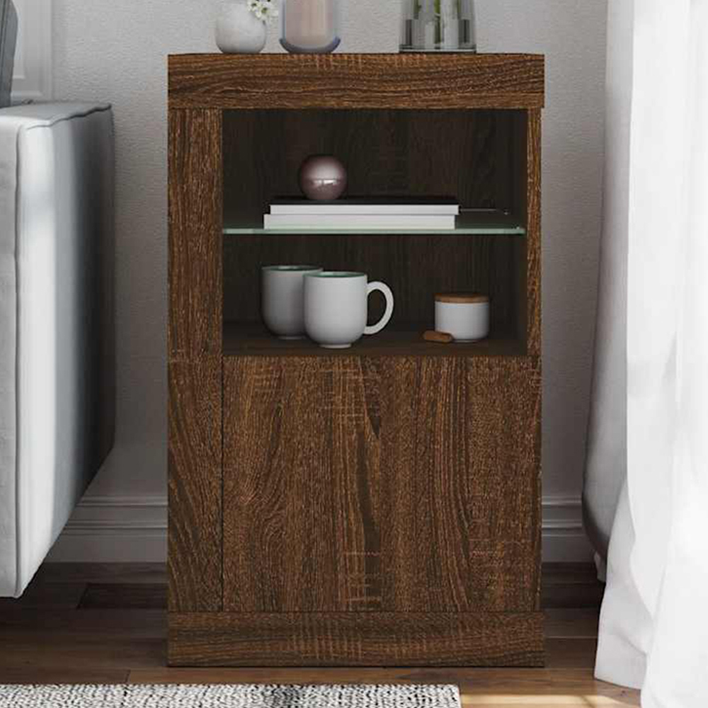 vidaXL Single Door 2 Shelf LED Brown Oak Side Cabinet Image 1