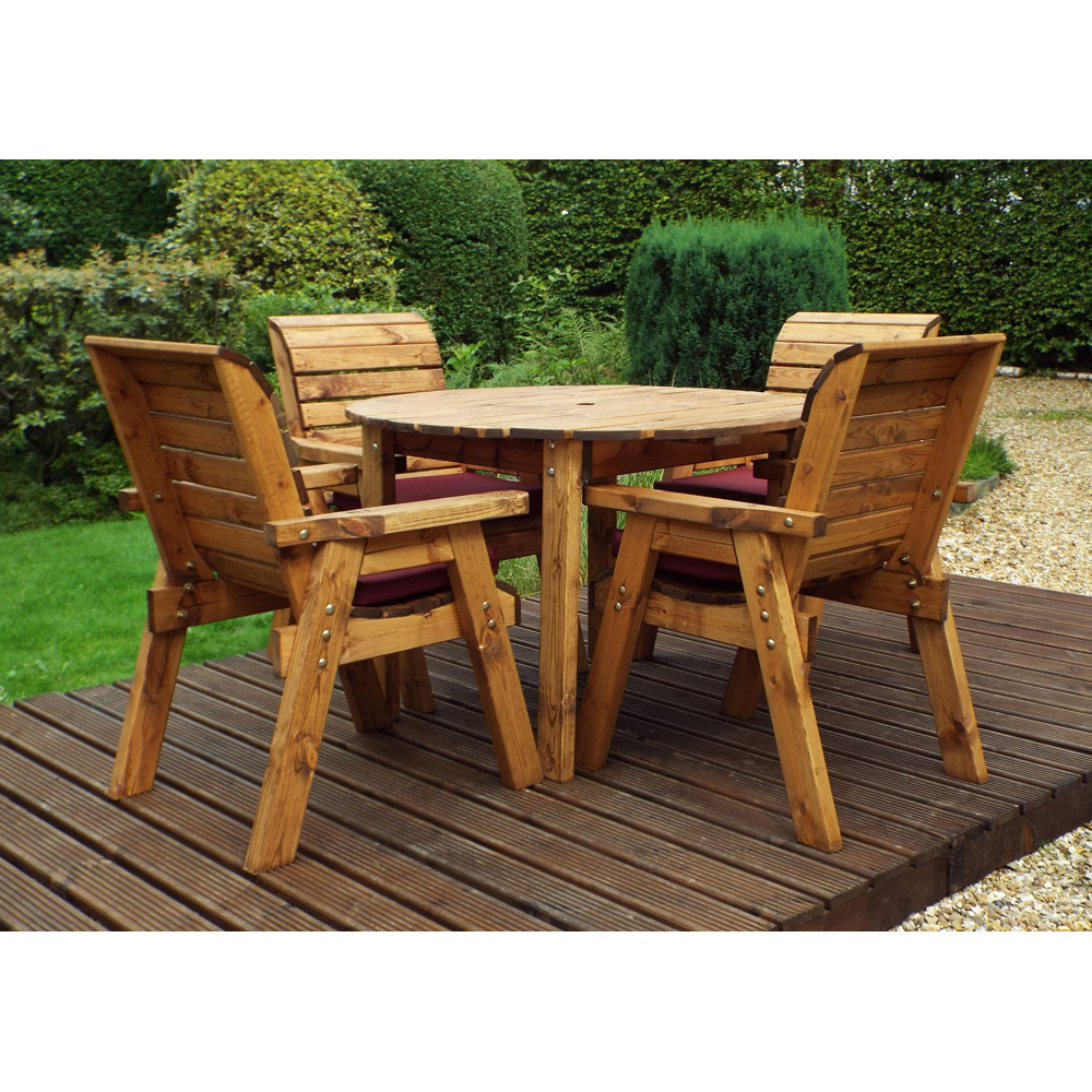 Charles Taylor Solid Wood 4 Seater Round Outdoor Dining Set with Red Cushions Image 3