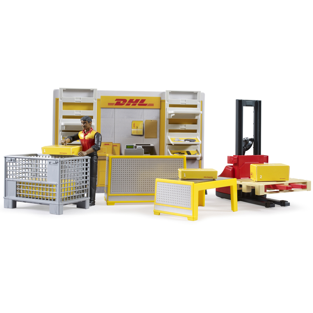 Bruder Bworld DHL Shop with Hand Pallet Truck Parcel Counter Cash Register and Worker Figure Image 5