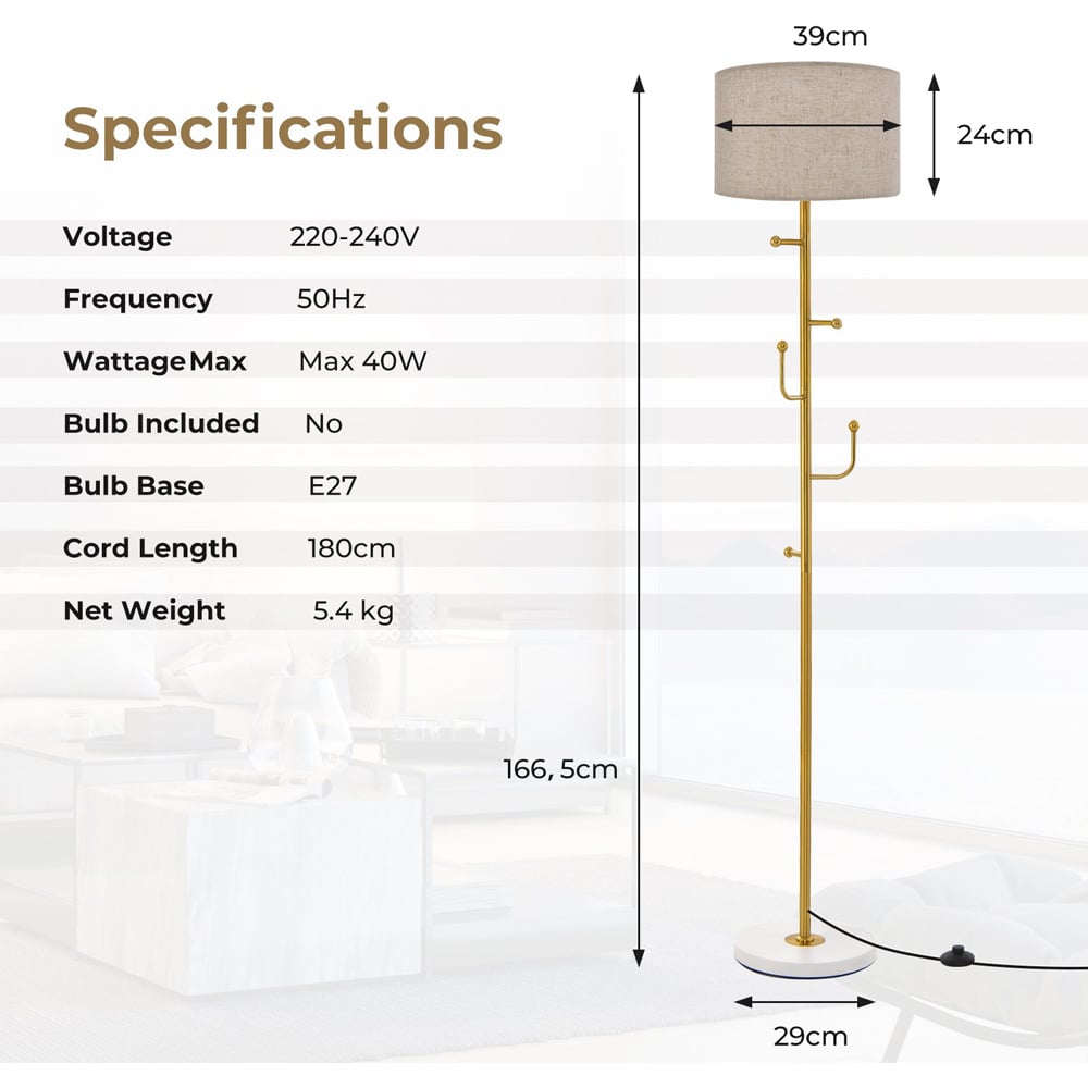 Costway Linen Lampshade Freestanding Floor Lamp with Coat Rack Image 8
