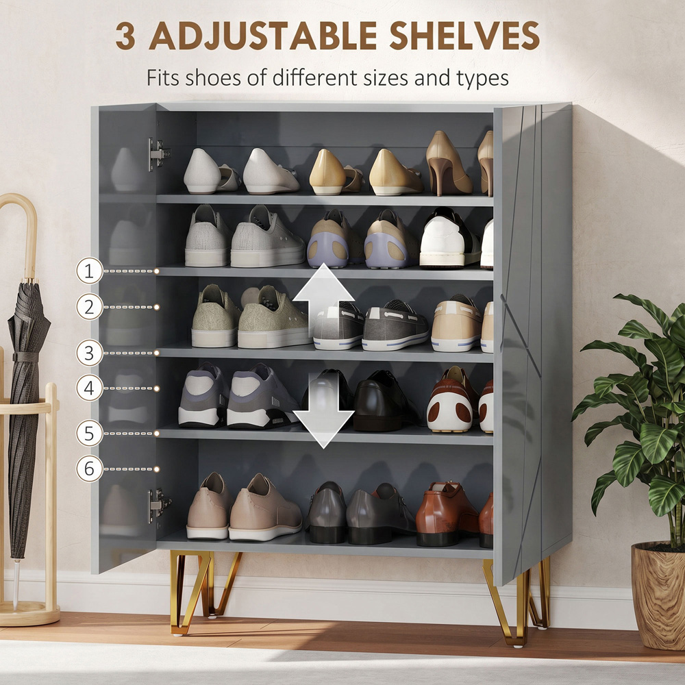 HOMCOM 2 Door Grey Shoe Storage Cabinet with Soft-Close Hinges Image 5