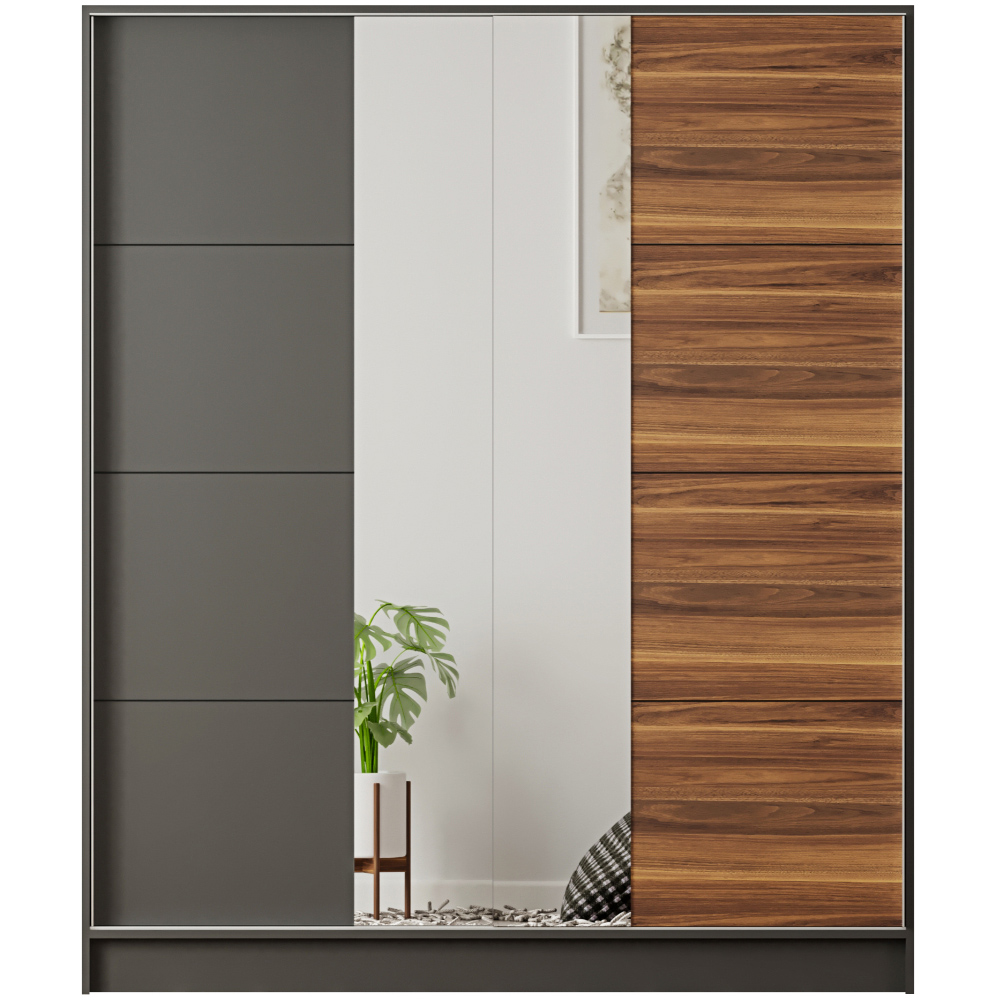 Evu MILANO Sliding Door Walnut and Anthracite Mirror Wardrobe Image 3