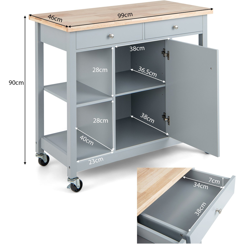 Costway Grey Rolling Kitchen Island Cart with Rubber Wood Top Image 9