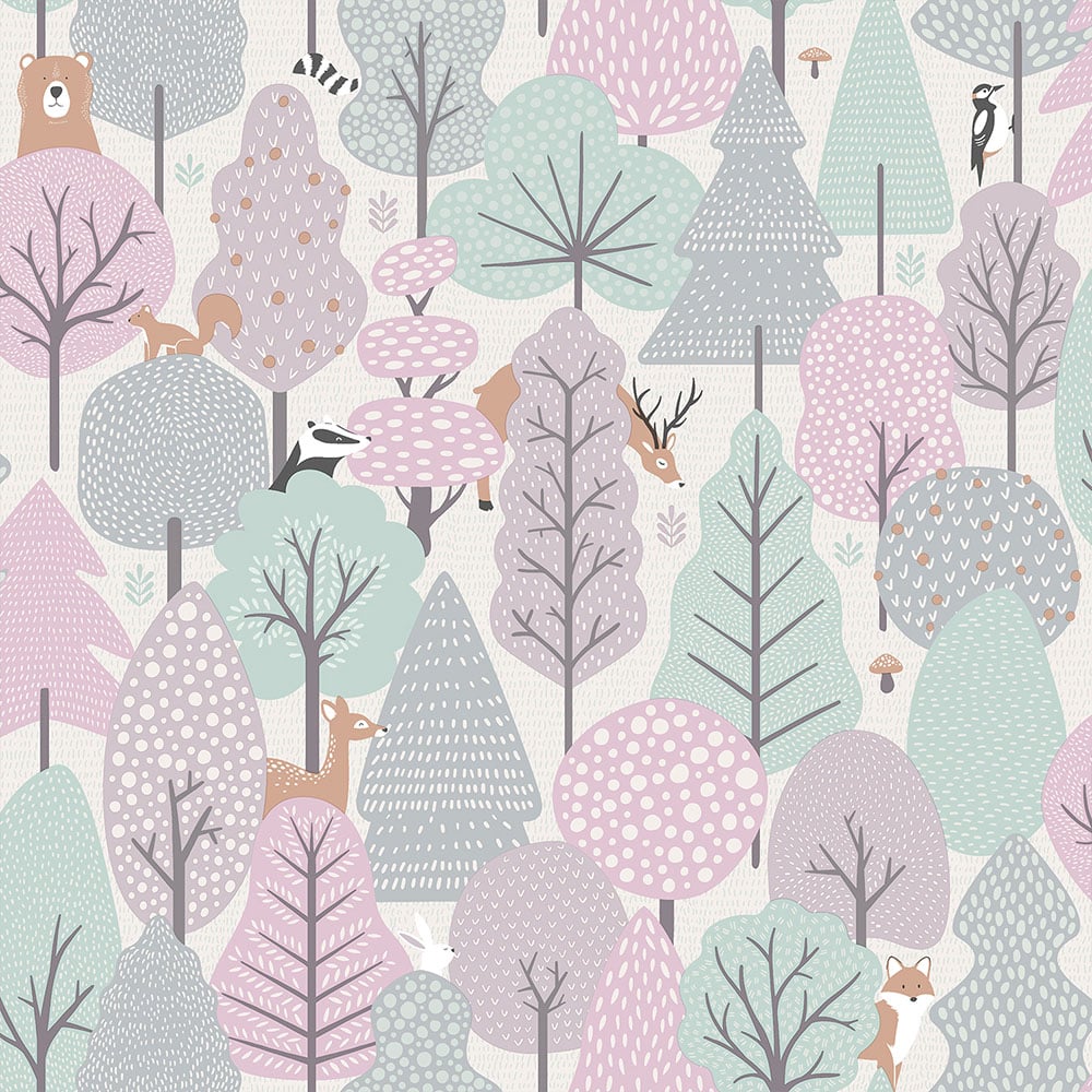 Muriva Wild Wood Pink and Teal Wallpaper Image 1