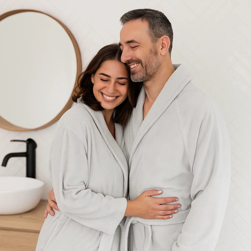 Cloud Touch Luxury Small to Medium Silver Dual Textured Reversible Velvet Towelling Bathrobe Image 4