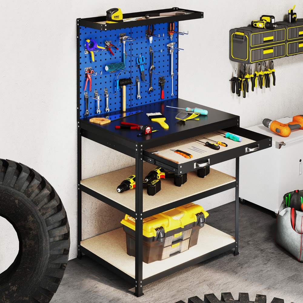 Costway Navy Workbench with Pegboard and Shelves 81 x 41cm Image 2