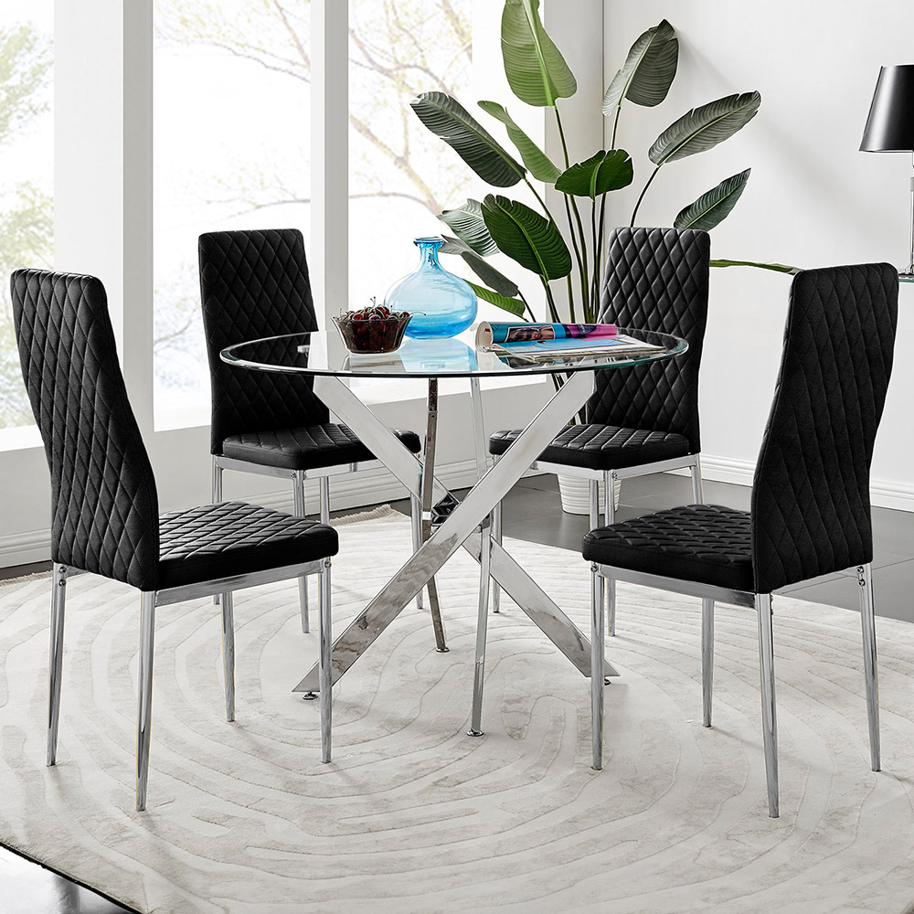 Furniturebox Arona Valera 4 Seater Round Dining Set Black and Chrome Image 1