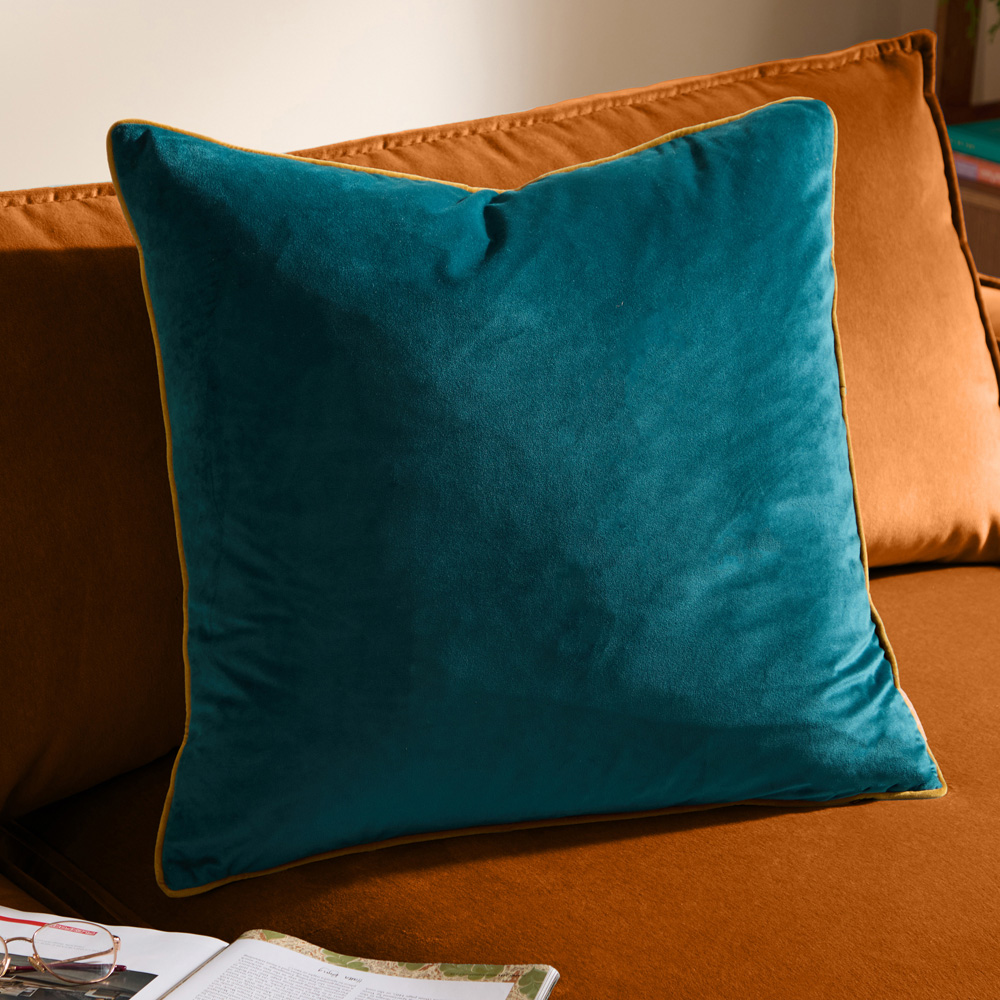 Furn Meridian Teal and Ochre Velvet Cushion 45 x 45cm Image 2