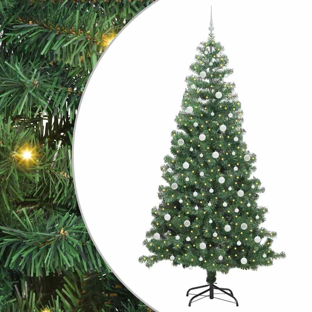 vidaXL Pre-Lit White Baubles Green Artificial Christmas Tree 8ft Image 2