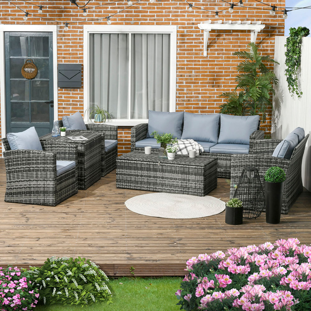Outsunny 7 Seater Rattan Grey Garden Lounge Set Image 1