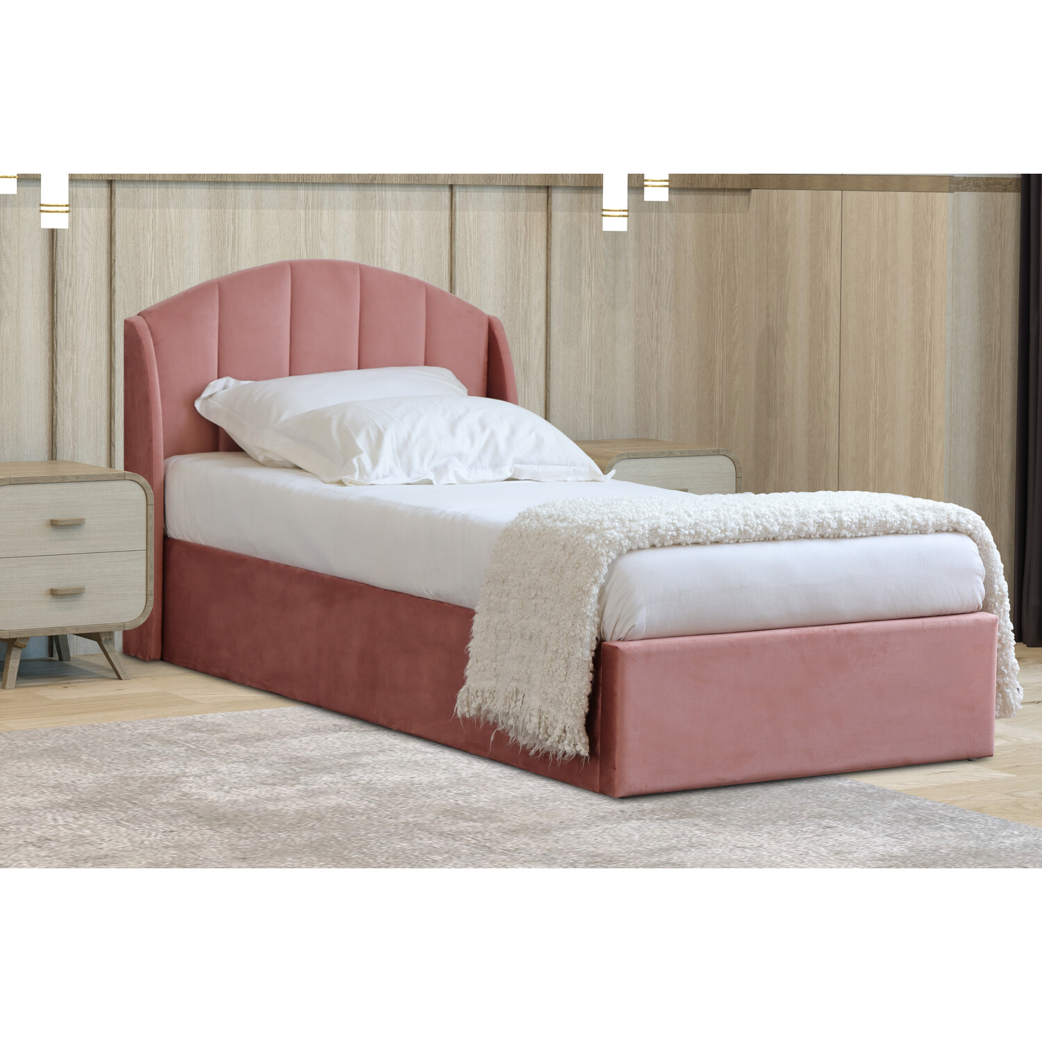 Grace Single Blush Velvet Touch Ottoman Bed Image 2