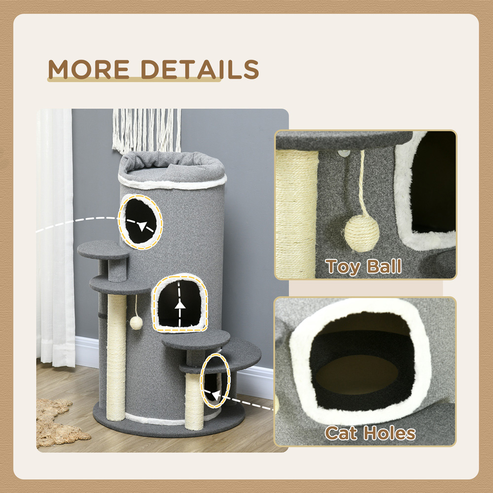 PawHut Barrel-Shaped Grey Indoor Cat Tree with Sisal Scratching Posts Image 6