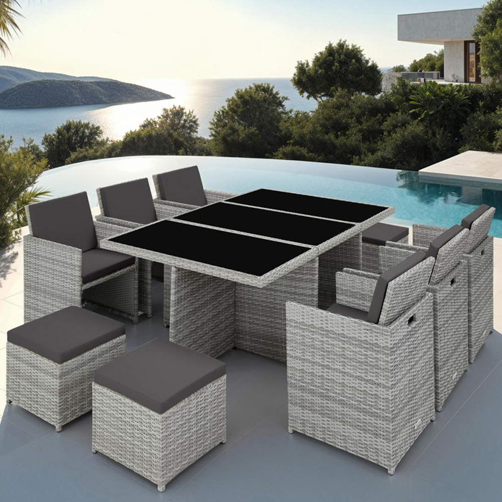 tectake 10 Seater Light Grey Dining Set with Cushion and Rain Cover Image 1