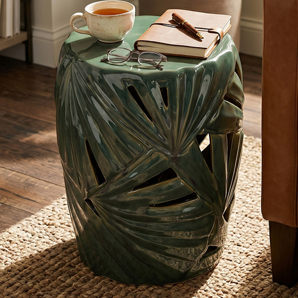 Premier Housewares Sorrell Green Glaze Palm Leaves Design Ceramic Table Image 1