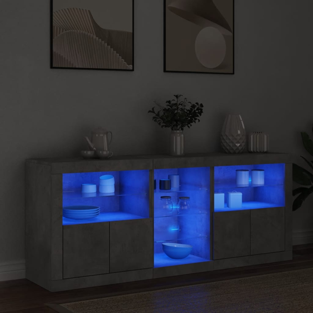 vidaXL Concrete Grey Wooden Sideboard with LED Lights 3 Piece Image 9