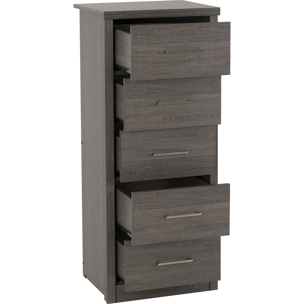 Seconique Lisbon 5 Drawer Black Wood Grain Narrow Chest of Drawers Image 4