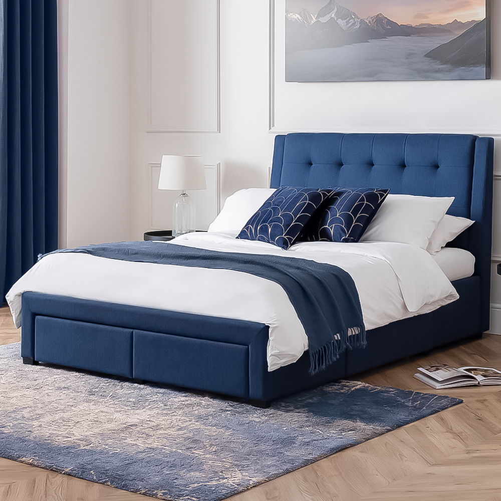 Julian Bowen Fullerton King Size Blue Linen Bed Frame with Underbed Drawers Image 1