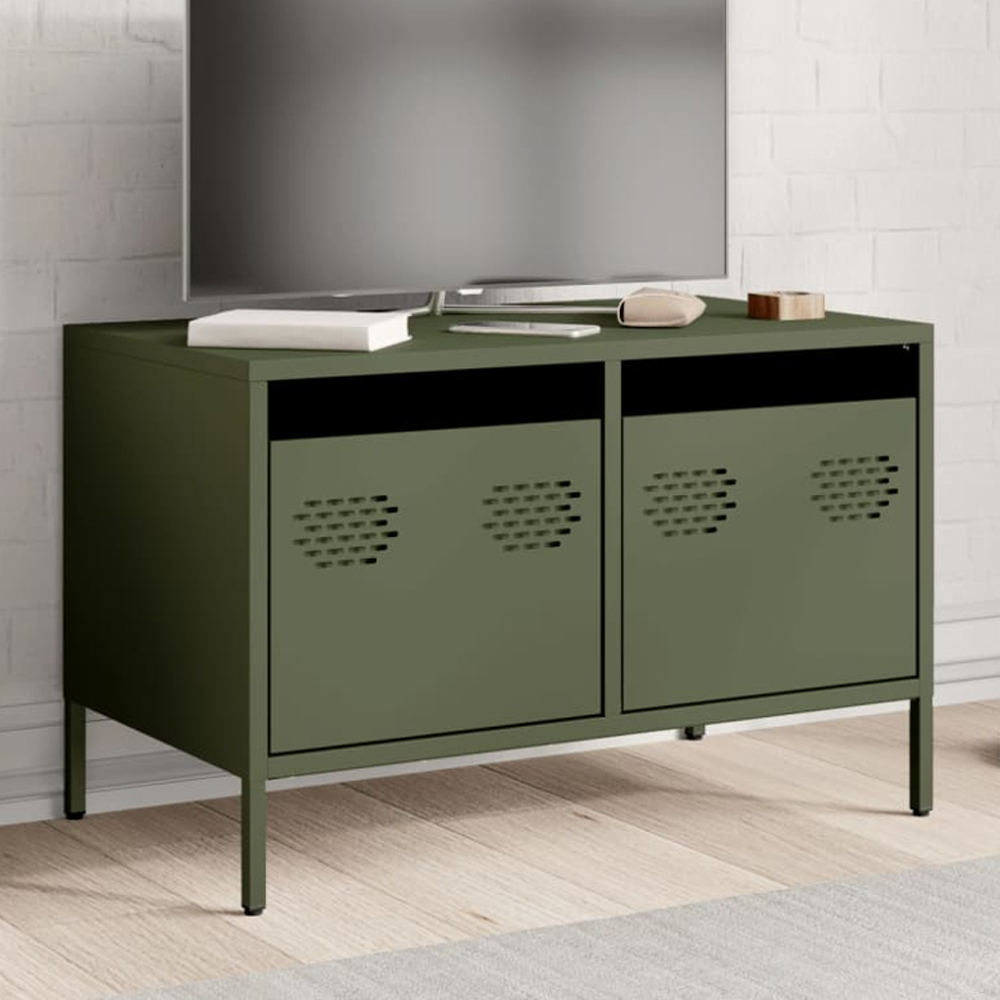 vidaXL 2 Drawer Olive Green Cold-Rolled Steel TV Cabinet Image 1