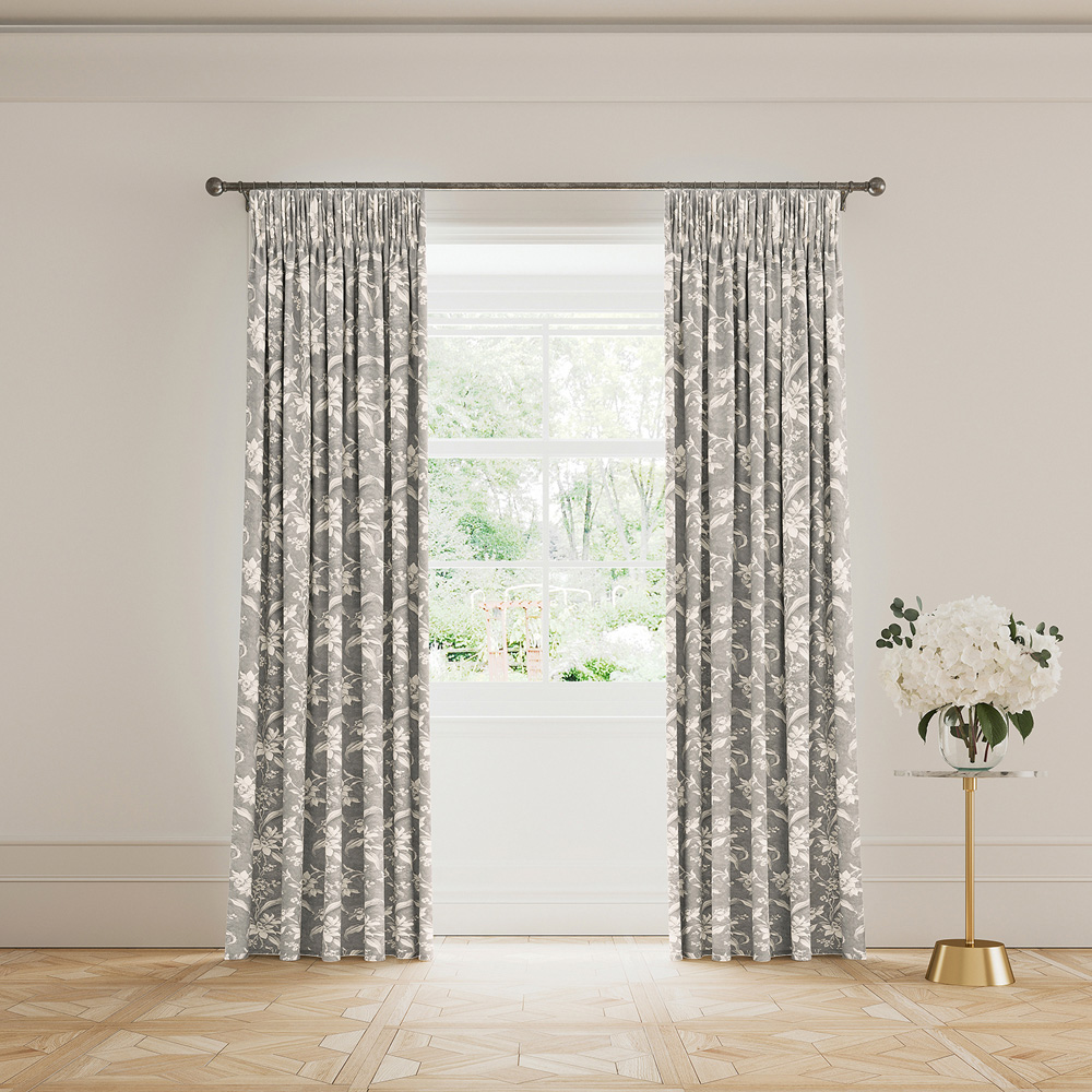 V&A Daffodil Dreams Grey Lined Blackout Pencil Pleat Curtains 229 x 229cm Image 4