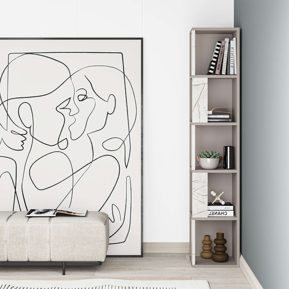 Decortie Piano Mocha Grey and Gold Marble Effect Tall Corner Bookcase Image 4