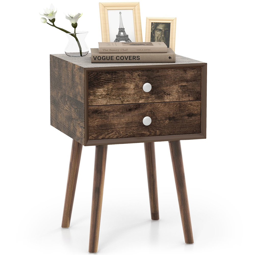 Costway 2 Drawer Rustic Brown Rubber Wood Legs Bedside Table with USB Port Image 2