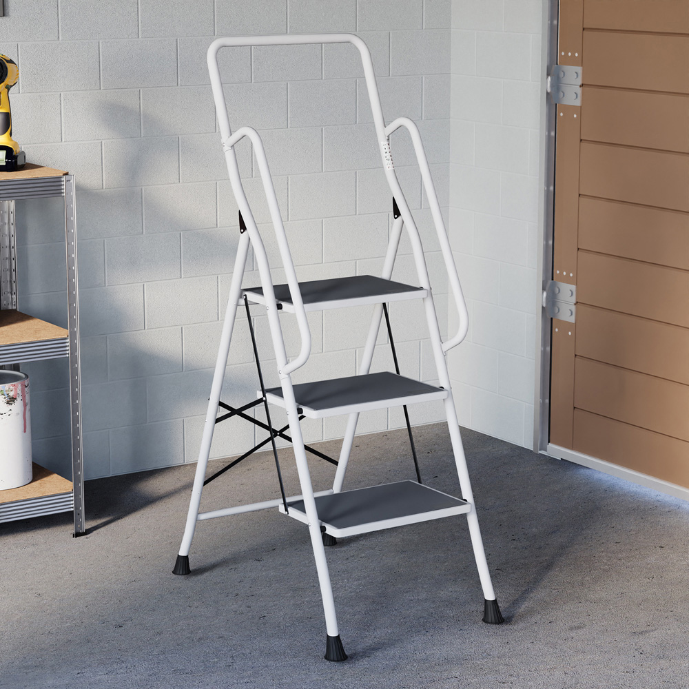 HOME VIDA 3 Step White Ladder with Handrail Image 3