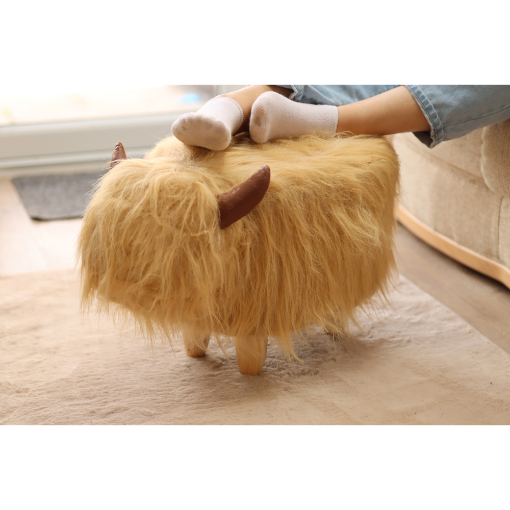 Gardeco Hazel The Highland Cow Light Brown Synthetic Fur Footstool Image 8