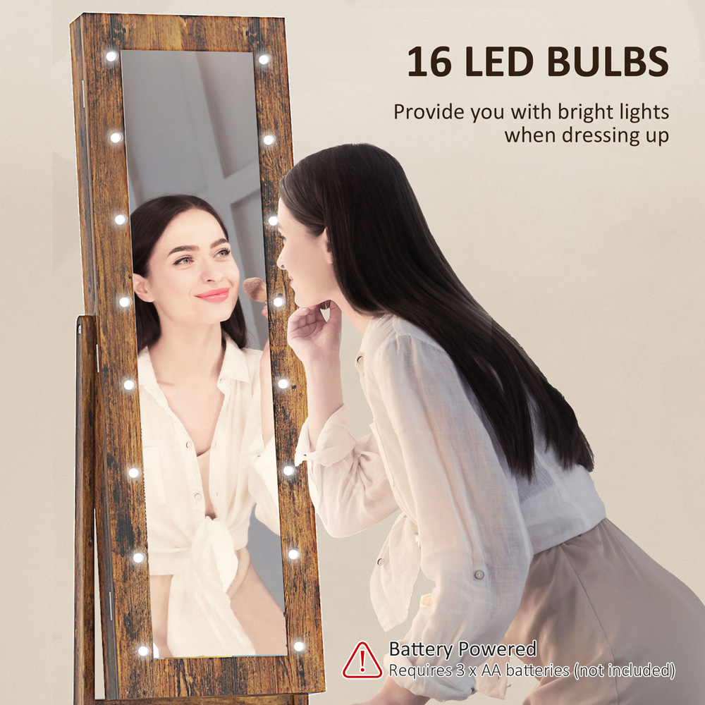 HOMCOM Rustic Brown Freestanding LED Mirrored Jewellery Cabinet Image 7