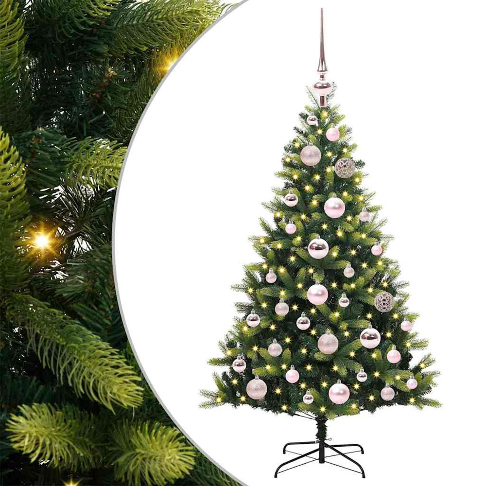 vidaXL Pre-Lit Pink Baubles Green Artificial Hinged Christmas Tree 4ft Image 2