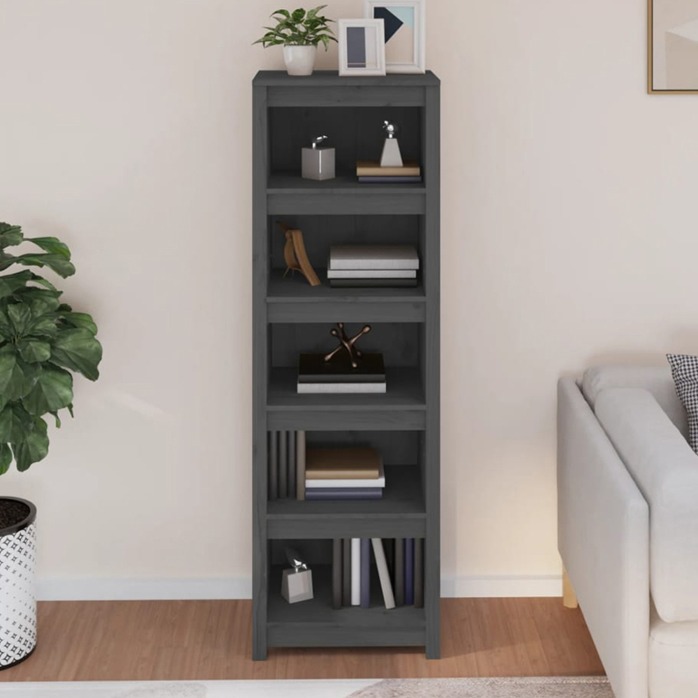 vidaXL 5 Shelf Grey Solid Pine Wood Bookcase Image 1