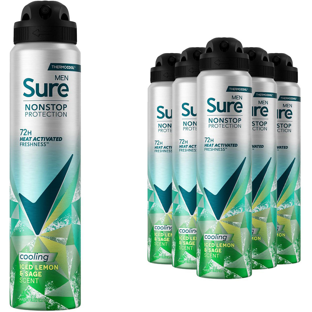 Sure Men Nonstop Protection Iced Lemon and Sage Antiperspirant Deo Aerosol 250ml 6 Pack Image 1