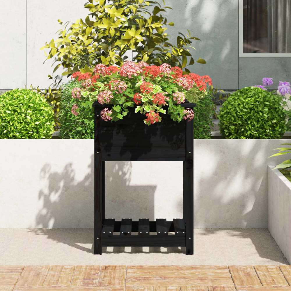 vidaXL Single Shelf Black Solid Pine Wood Garden Planter 58 x 54 x 81cm Image 2