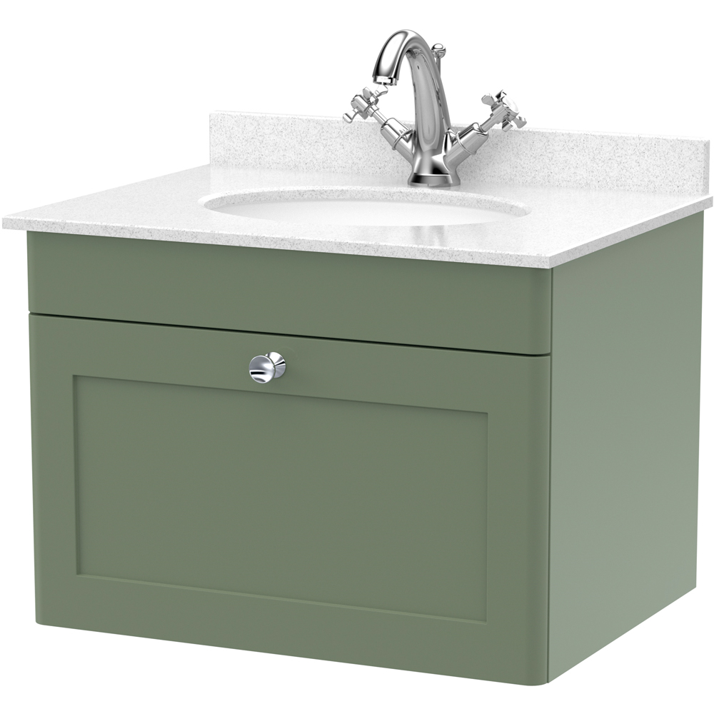 nuie Classique Single Drawer Satin Green and White Wall Hung Unit and 1 Tap Hole Marble Basin 600mm Image 1