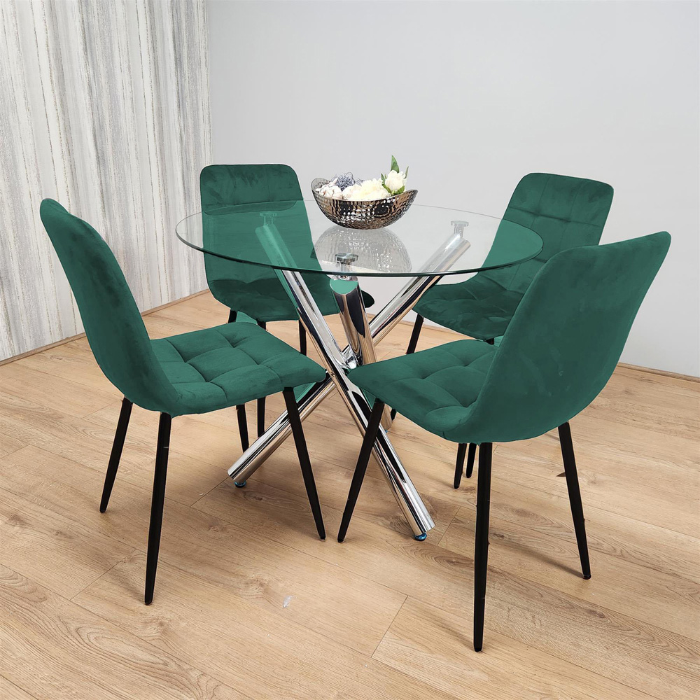 Kosy Koala 4 Seater Glass and Velvet Round Dining Table Set Chrome and Green Image 5