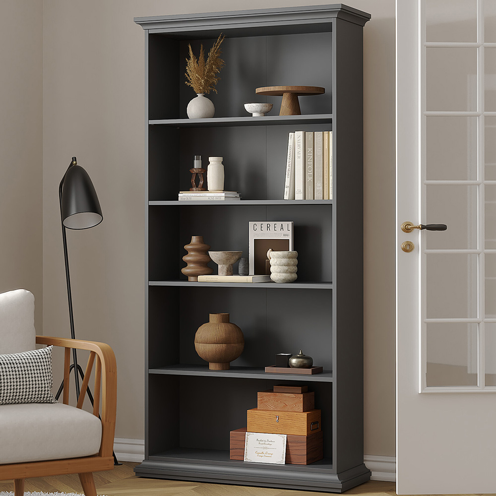 Florence Paris 5 Shelf Matt Grey Tall Bookcase Image 1