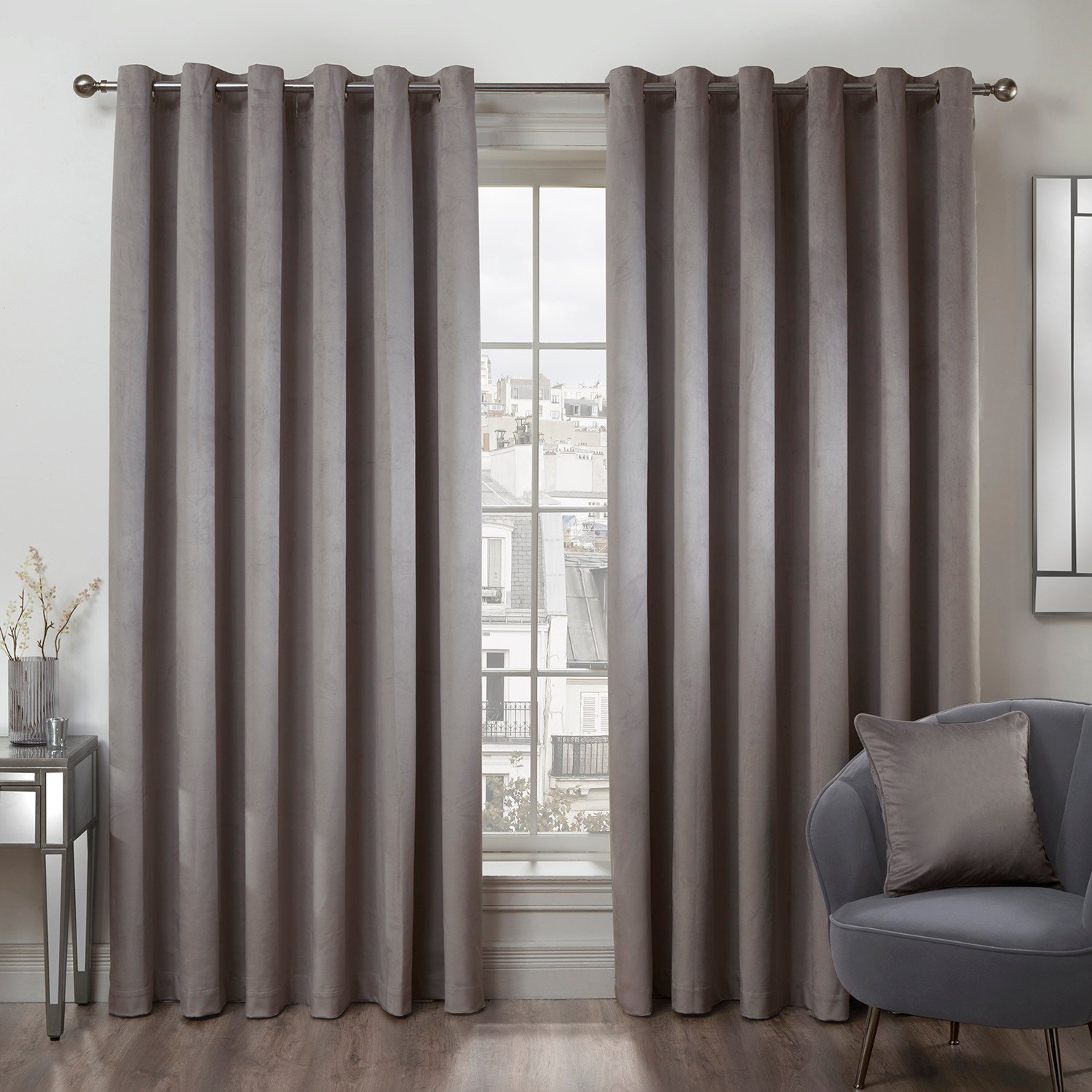 Divante Vermont Silver Velvet Blackout Curtains 168 x 137cm Image 1