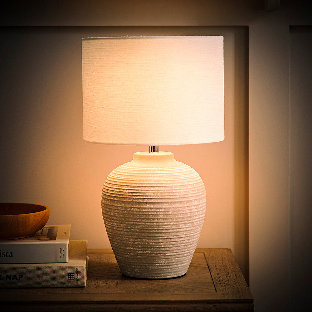 ValueLights Reid Linen Drum Lamp Shade Stone Grey Ribbed Ceramic Small LED Table Lamp Image 2