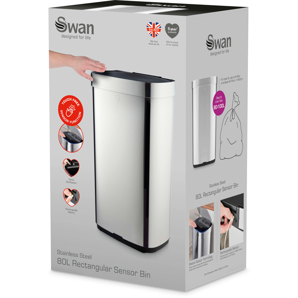 Swan Silver Stainless Steel Rectangular Sensor Bin 80L Image 2