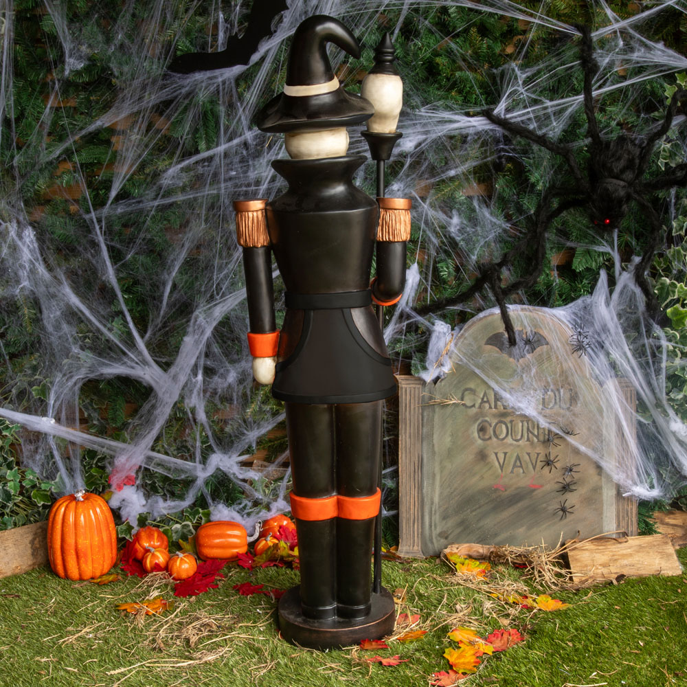 Black and Orange Nutcracker Skeleton with Skull Staff Halloween Decoration 4ft Image 7