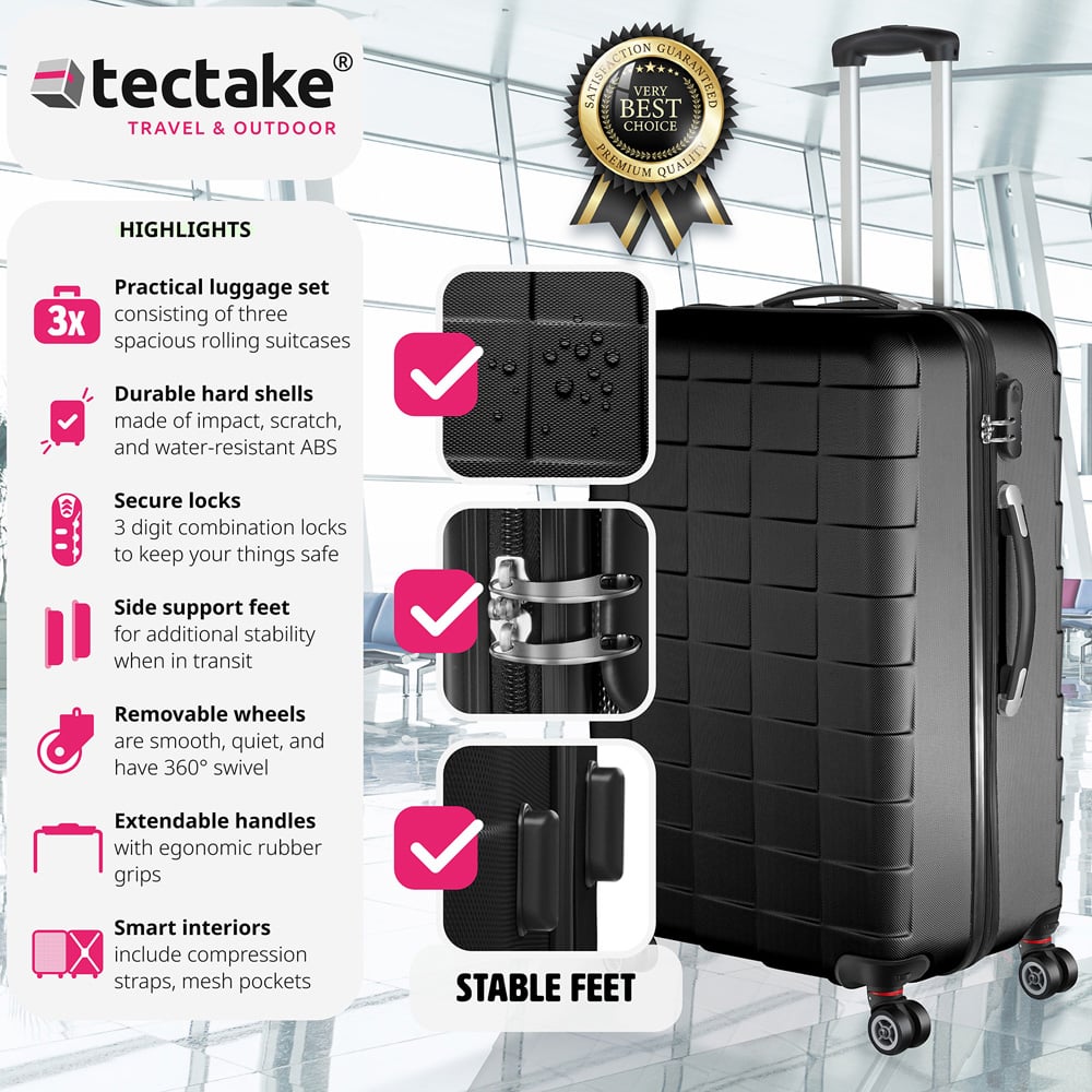 Tectake Set of 3 Black Hard Shell Travel Suitcase Set with Removable Wheels Image 2