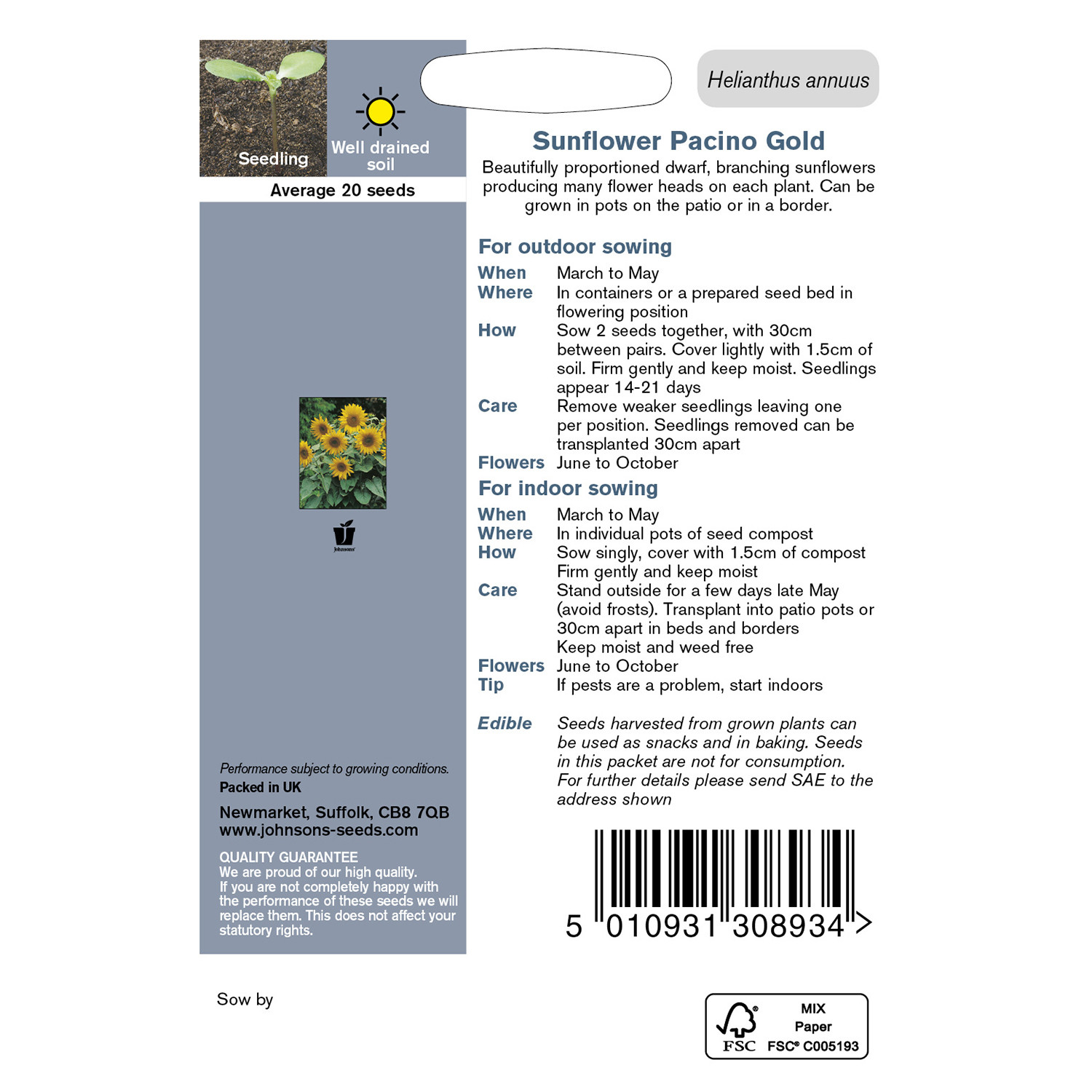 Johnsons Pack of Pacino Gold Sunflower Seeds Image 2