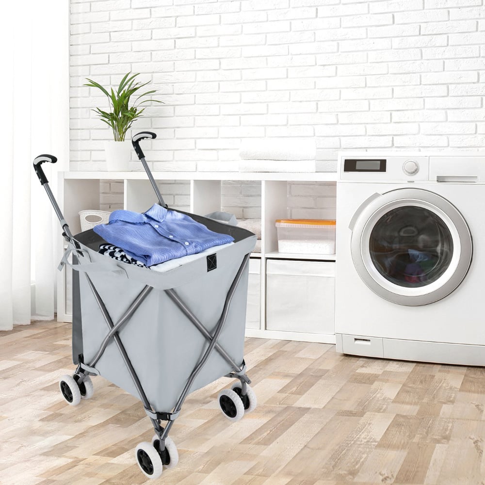 Costway 90L Grey Folding Shopping Trolley with Removable Waterproof Bag and Cover Image 2