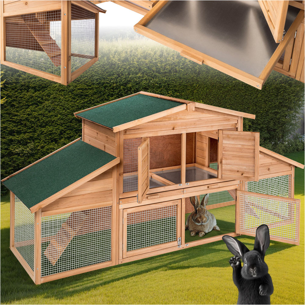 tectake Wooden Rabbit Hutch 226 x 77 x 95.5cm Image 2