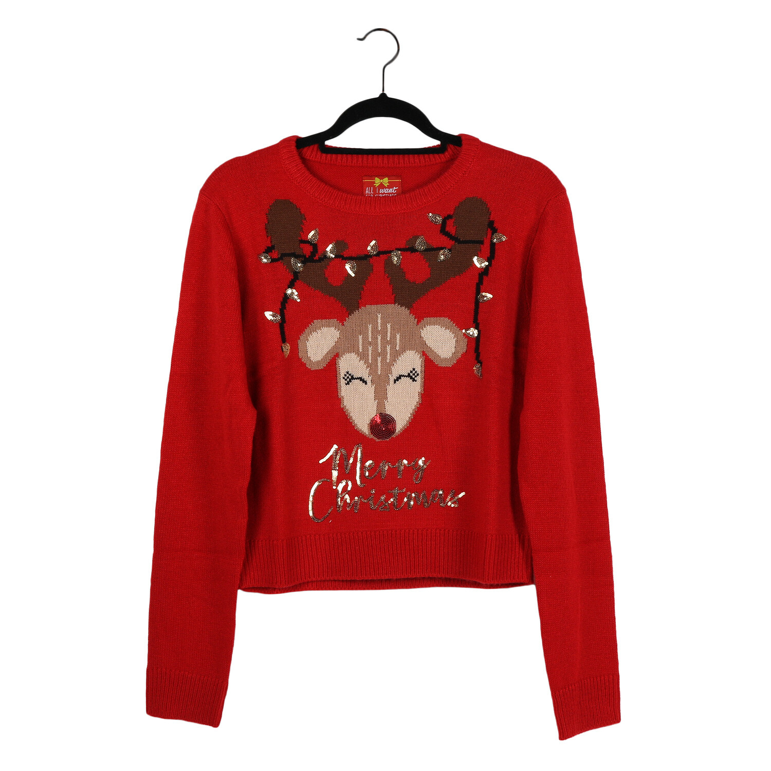 Ladies Reindeer Sequin Jumper - Red / 14-16 Image 1